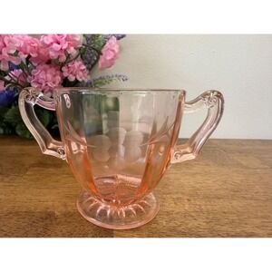 Fine Rib Pink Depression Glass Sugar Bowl Ribbed‎ Art Deco Two-Handled